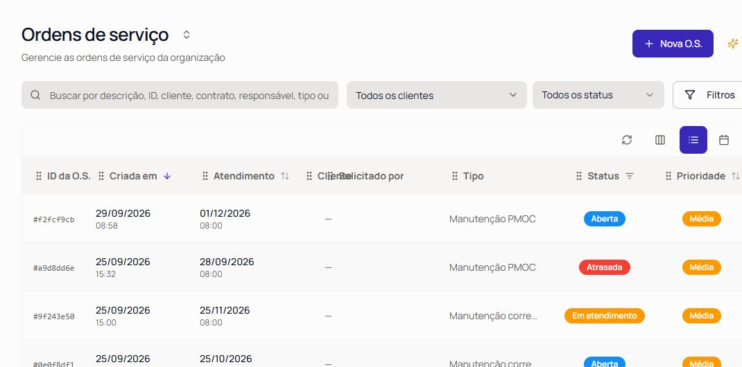 Lista real de ordens de serviço no Ventum com agendamento, cliente, tipo, status e prioridade