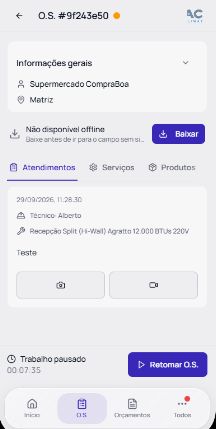 Tela real do aplicativo do técnico com atendimentos, recursos offline e controle de tempo da O.S.